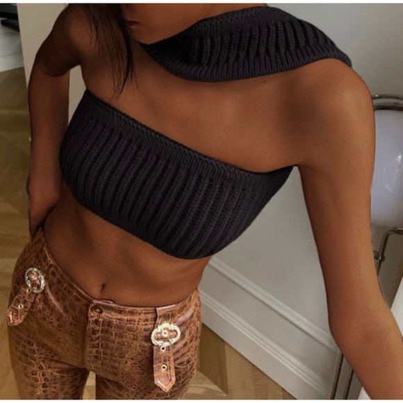 Womens|Knit Halter Crop Top|Medium M|Black|Stretch - Picture 3 of 11